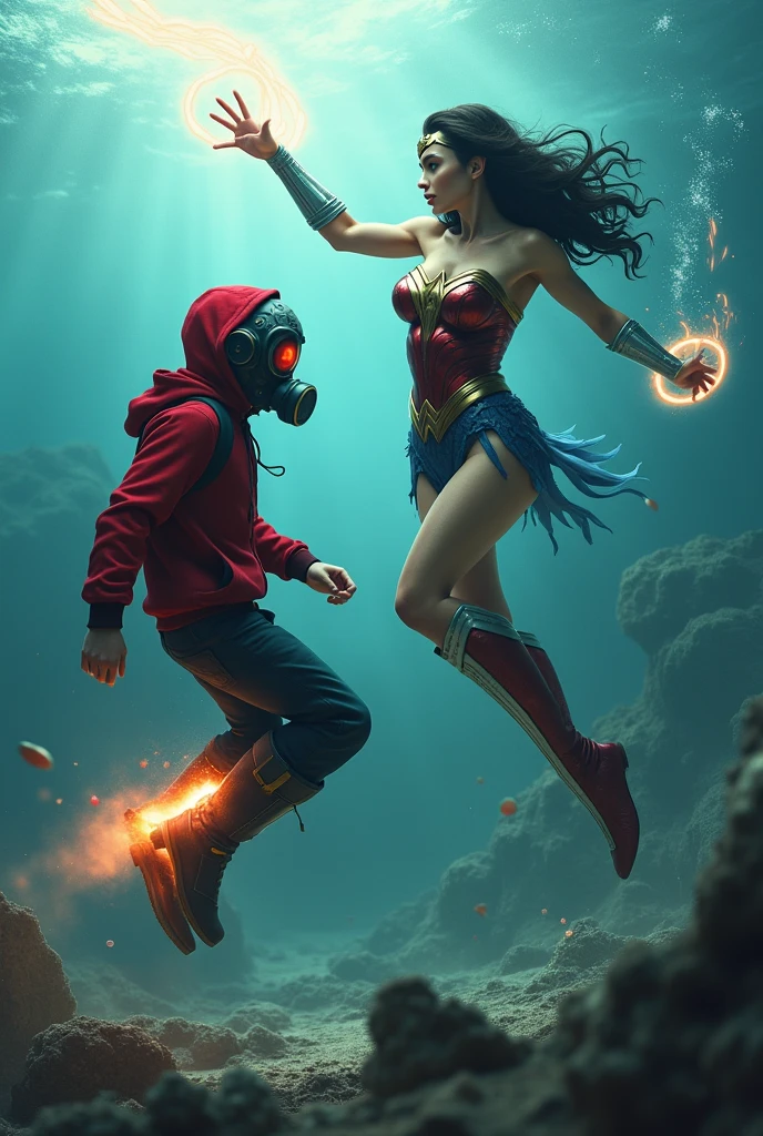 ??? Star-Lord with red hoodie, Rocket boots, headphones, star-lord helmet, gas helmet, Covered mouth, Round & red eyes + Wonder woman, big breasts, perfect body, Busty, ocean floor, realistic, underwater, Fighting with titanoboa, power, Kick, Attack, magic rings in the hands, Fighting, power, fiction, full body, 2 persons, magic lasso, hight, fall, fire in boots, powerful spells, realistic, helmet, mask, float, war, kill, dead, wound, full scene