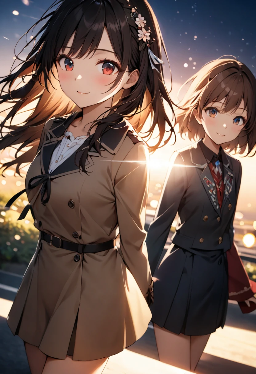 {{Highest quality}},Delicate illustration,Detailed depiction, masterpiece, Boho Eye Hinai Girl, Playful Themes, {{{Group of 2}}}、{{{Two girls}}}、High school girls、Raw photo of a girl in uniform。Decorative details and symbols are often used。, Brown hair gently fluttering in the wind,Clear blue eyes、A gentle smile、Raw photo of a girl in uniform。Decorative details and symbols are often used。, Black hair gently fluttering in the wind,Clear red eyes、A gentle smile、 Long-distance shots, High Key Light, Hard Shadows, Soft bokeh, Professional photography, A balanced deal, Balanced Exposure,