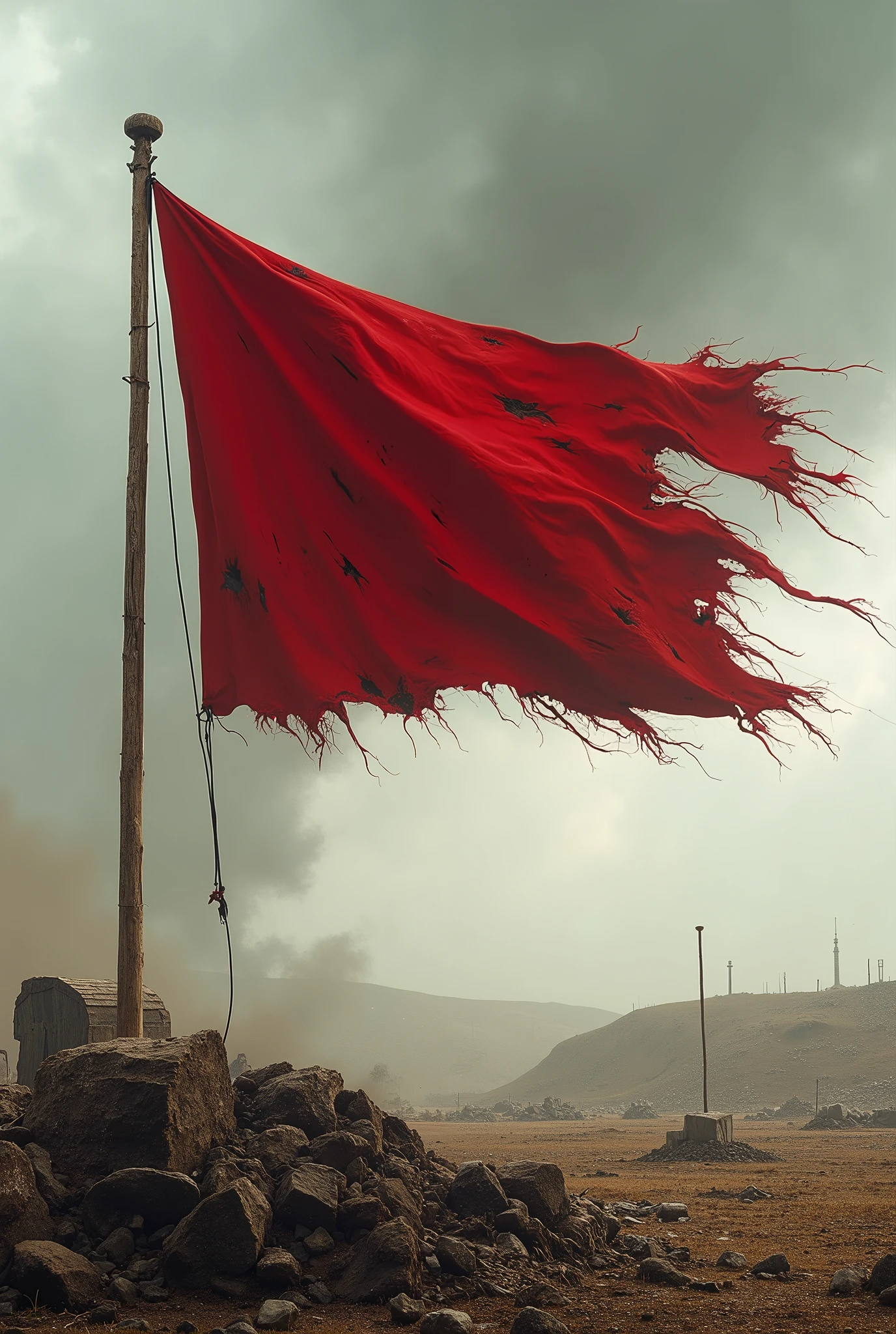 a red flag with a wooden pole flying down, the flag was on the battlefield that was over and the flag was damaged due to being hit by weapons and holes