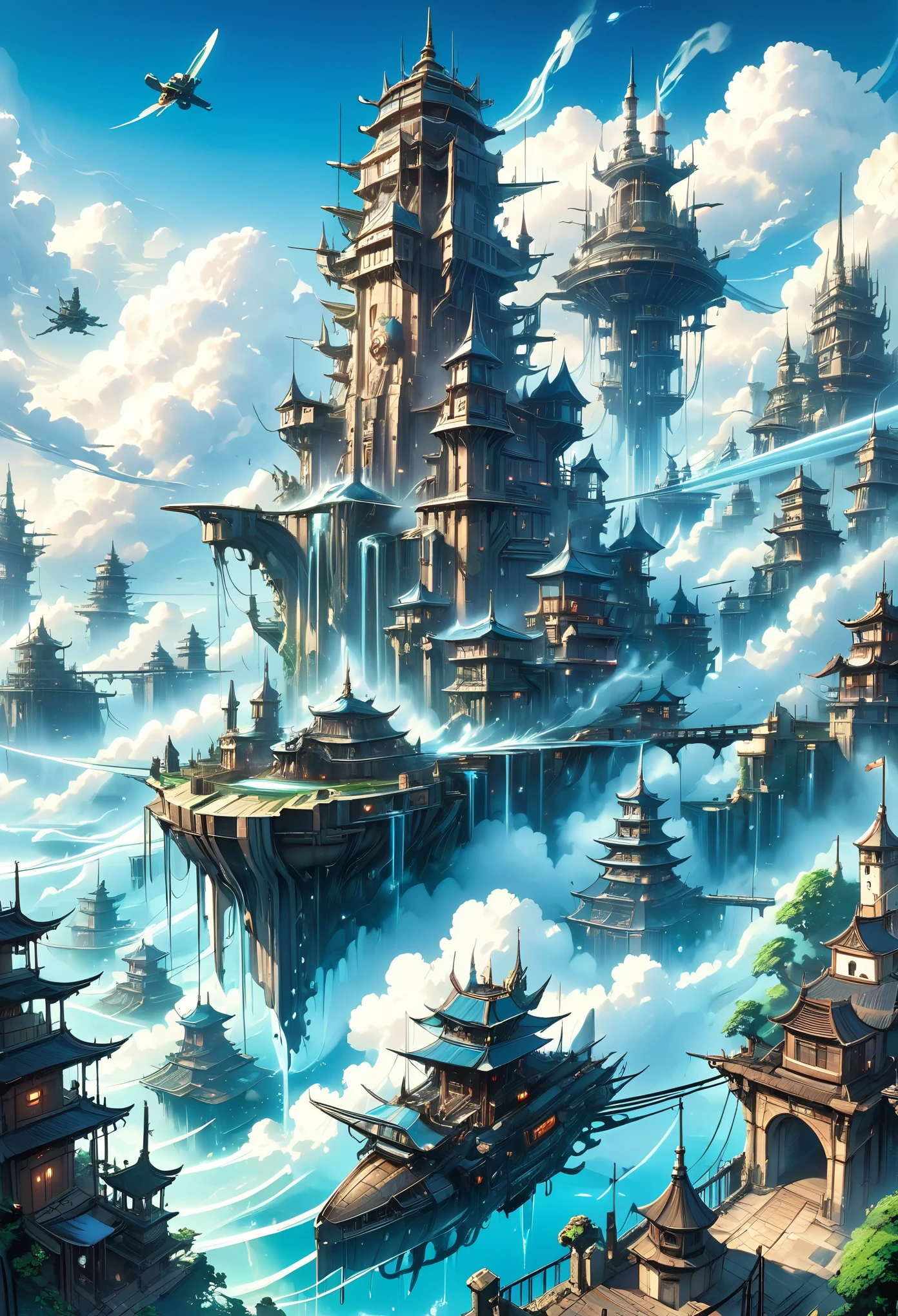 Aerial city of the future,Remains,sea of clouds,airship,The World of Soratorobo,water is gushing out,Artillery battery,Fusion with fantasy,Castle in the Sky,magic,suspicious,See through,