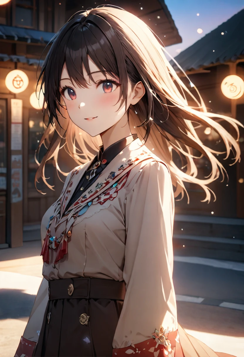 {{Highest quality}},Delicate illustration,Detailed depiction, masterpiece, Boho Eye Hinai Girl, Playful Themes, {{{Group of 2}}}、{{{Two girls}}}、High school girls、Raw photo of a girl in uniform。Decorative details and symbols are often used。, Brown hair gently fluttering in the wind,Clear blue eyes、A gentle smile、Raw photo of a girl in uniform。Decorative details and symbols are often used。, Black hair gently fluttering in the wind,Clear red eyes、A gentle smile、 Long-distance shots, High Key Light, Hard Shadows, Soft bokeh, Professional photography, A balanced deal, Balanced Exposure,