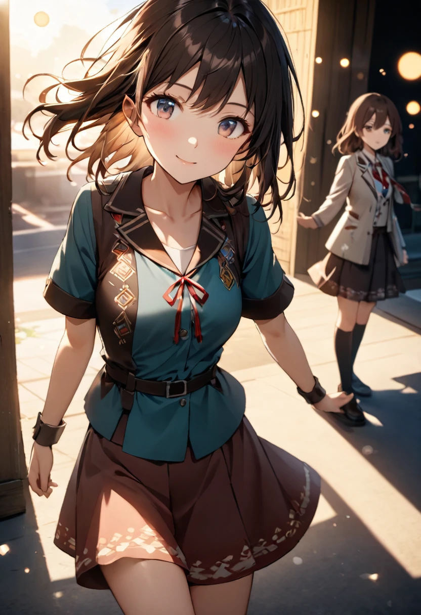 {{Highest quality}},Delicate illustration,Detailed depiction, masterpiece, Boho Eye Hinai Girl, Playful Themes, {{{Group of 2}}}、{{{Two girls}}}、High school girls、Raw photo of a girl in uniform。Decorative details and symbols are often used。, Brown hair gently fluttering in the wind,Clear blue eyes、A gentle smile、Raw photo of a girl in uniform。Decorative details and symbols are often used。, Black hair gently fluttering in the wind,Clear red eyes、A gentle smile、 Long-distance shots, High Key Light, Hard Shadows, Soft bokeh, Professional photography, A balanced deal, Balanced Exposure,