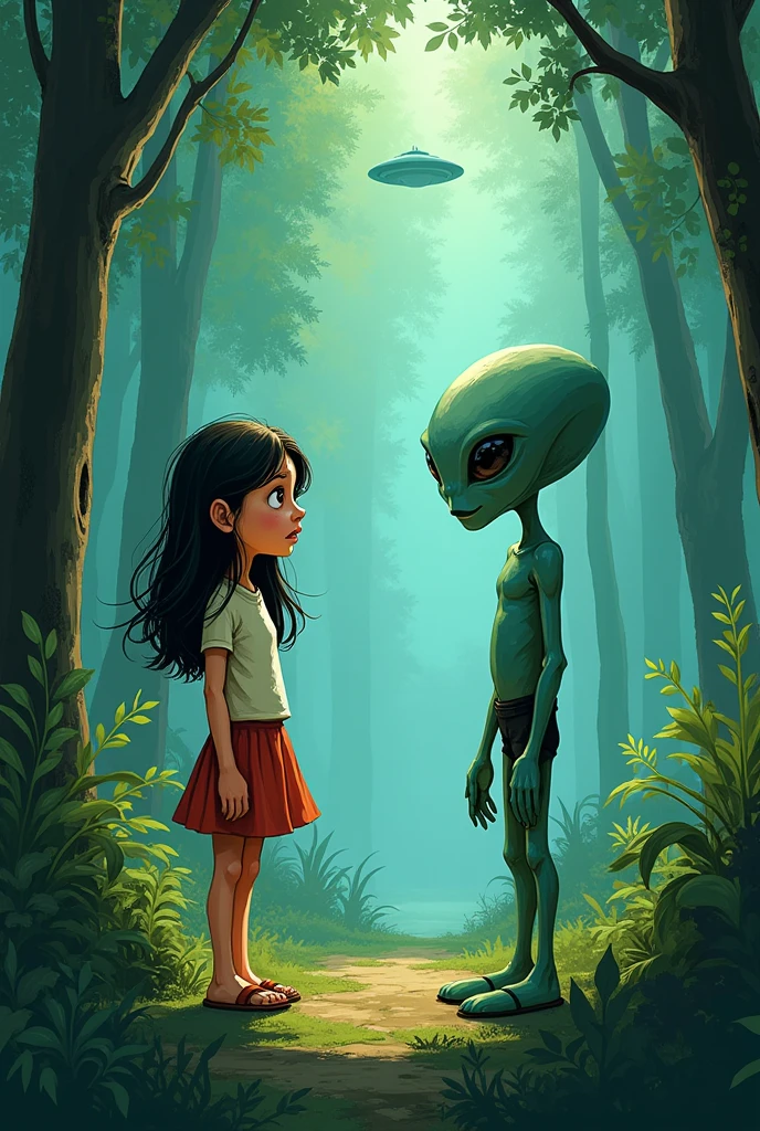 A ager girl speaking with an alien in a forestry area with greenish and blue is ambience of light they are standing and a distance the Girish surprised in a cartoonist and sketches style like illustrations of Ruskin bond's book make the heights somewhat same and not too cartoonish make it a little sketchy make distance between them more sketchy and acrahed ufo in background make it TEEN GIRL NOT A BABY