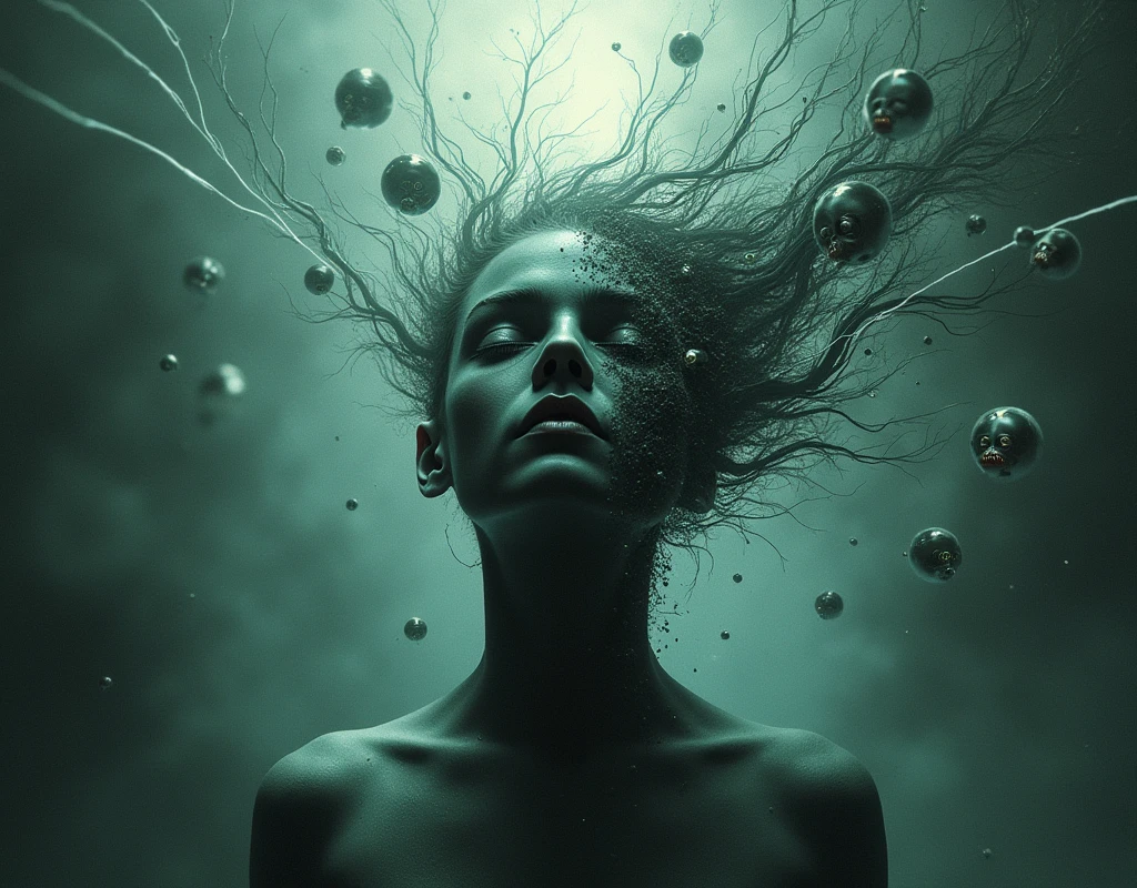 A chilling depiction of Anavil’s altered consciousness within the BioNet. The image shows a ghostly, fragmented version of Anavil with vacant eyes and a distorted appearance. Surrounding him are swirling, chaotic data and images of other distorted consciousnesses, reflecting the broken state of his mind. Aranuch is depicted with a look of horror and sadness.