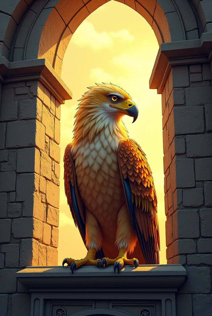 A young tame eagle with sad expressions named Aurora, that has golden feathers, in a high window of the tower. Soft light emanates from its golden feathers, iluminando o ambiente ao redor, I want vibrant and very eye-catching colors, comic book style.