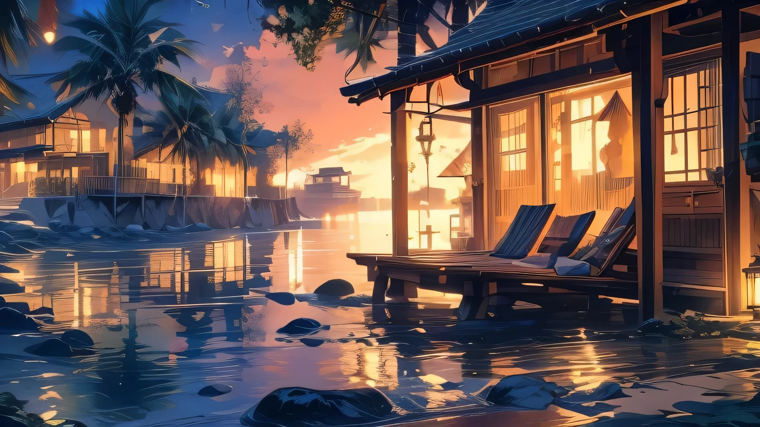 Cozy Coastal Cove: A secluded beach at sunset, with warm golden light casting a serene glow. Gentle waves caress the shore, as a few seagulls soar overhead. A comfortable hammock sways between palm trees, surrounded by lush greenery and vibrant beach flowers. The air is filled with the sweet scent of saltwater and the soothing sound of waves, creating a sense of tranquility and relaxation.highly detailed