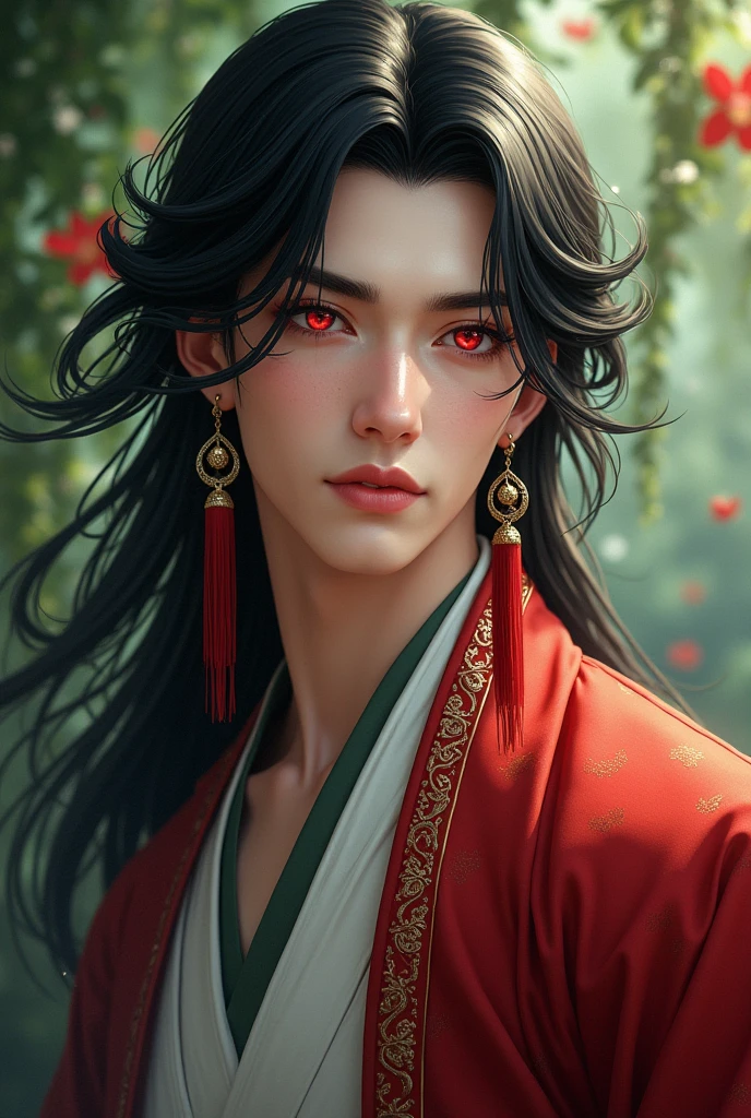Make a handsome guy that have long black jet hair and red ruby beautiful eyes and have ared long earings. Give him a half body with a clothed from murim and have a garden background and give him a milky skin