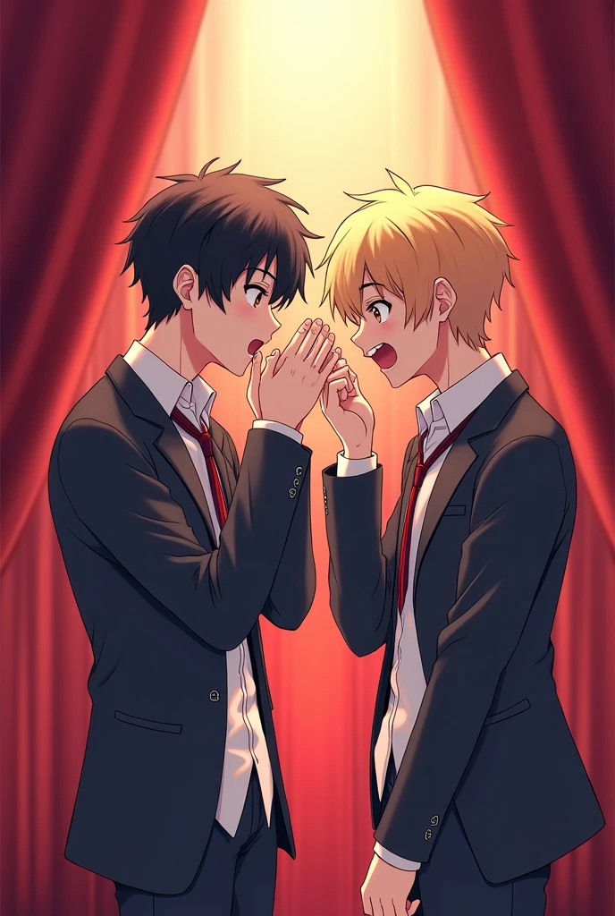 Highest quality, masterpiece, Ultra-high resolution, Create an anime-style music jacket image featuring two male idols or high school friends on a stage. One has black hair, and the other has blond hair, both wearing stage-like school uniforms (school uniform). They are facing each other with comically shocked expressions, covering their mouths with both hands due to each other's bad breath. Their faces are close together, but they are slightly leaning back with their upper bodies tilted about 5 degrees backward in reaction. The background should include a stage with heavy red curtains and a spotlight shining on them. Include the song title &#39;Operation Odor Eradication&#39; in the &#39;Broadway&#39; font, positioned in the bottom right corner of the image.