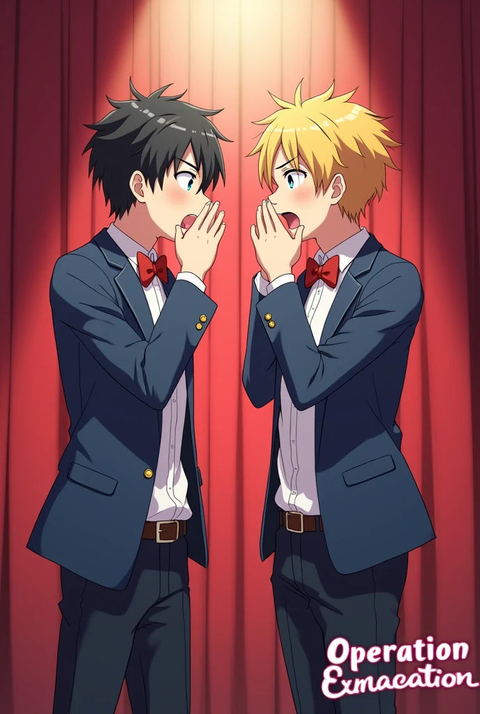 Highest quality, masterpiece, Ultra-high resolution, Create an anime-style music jacket image featuring two male idols or high school friends on a stage. One has black hair, and the other has blond hair, both wearing stage-like school uniforms (school uniform). They are facing each other with comically shocked expressions, covering their mouths with both hands due to each other's bad breath. Their faces are close together, but they are slightly leaning back with their upper bodies tilted about 5 degrees backward in reaction. The background should include a stage with heavy red curtains and a spotlight shining on them. Include the song title &#39;Operation Odor Eradication&#39; in the &#39;Broadway&#39; font, positioned in the bottom right corner of the image.