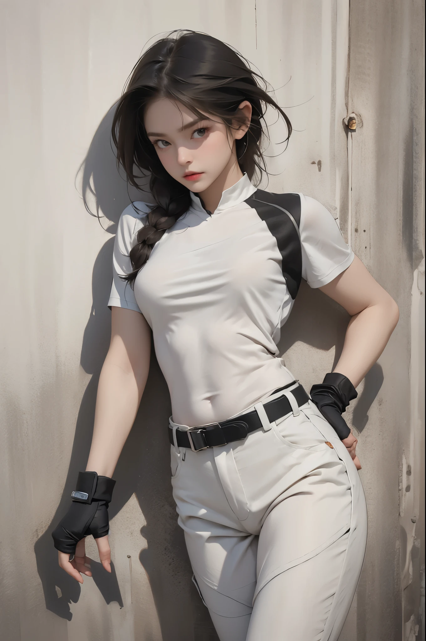 masterpiece, best quality:1.2), expressive eyes, perfect face, highres, 1 girl, solo, (female:1.5), chris redfield, green taut shirt, white pants, fingerless gloves, belt, hands to hip, standing, portrait, looking at the viewer,
