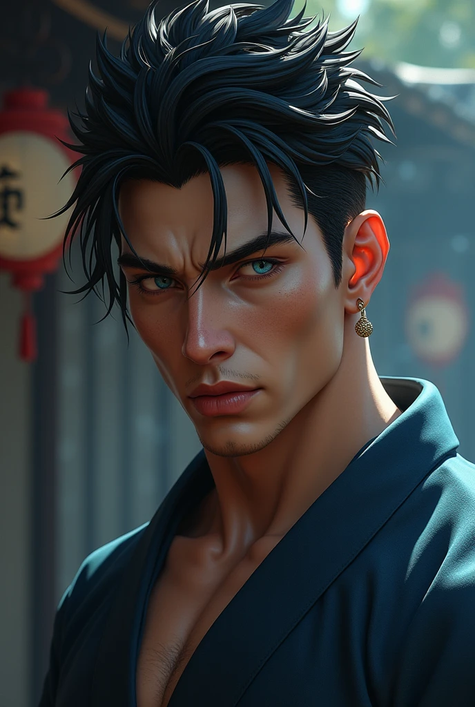 A man,muscular,lick lip,blue eyes, black hair,wearing yukata and have left earring..