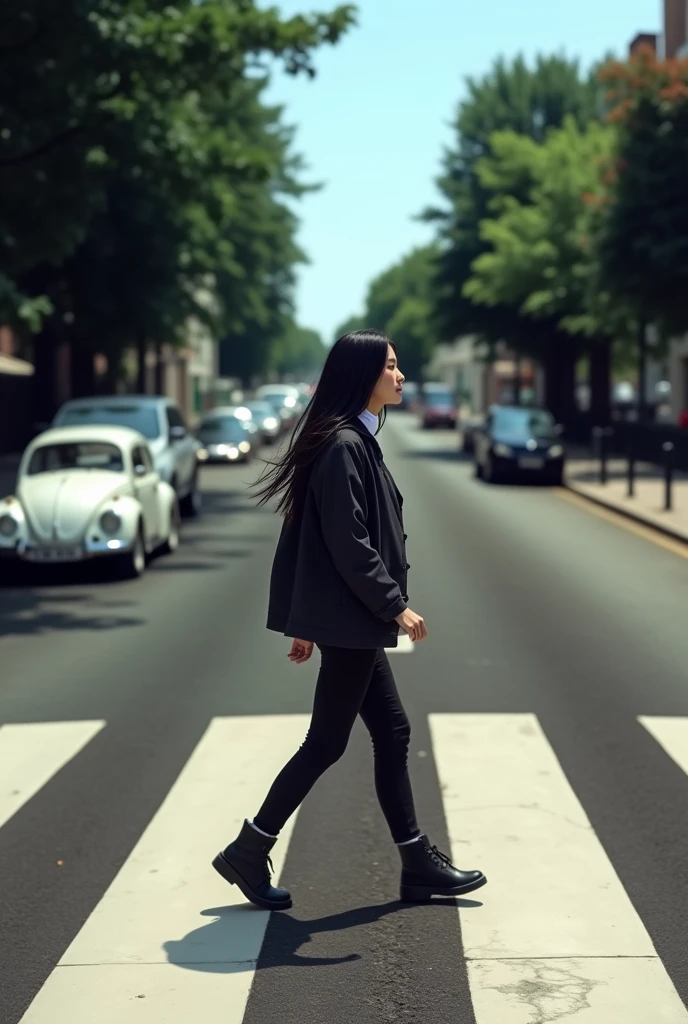 high quality, 8K Ultra HD, an image that resembles the iconic album cover of the beatles "abbey road", an asian woman with long black hair, wearing a black jacket, white shirt, black pants, black shoes, walking across the zebra crossing in abbey from left to right with her head turned towards the cameraman, there is a classic white Volkswagen Beetle parked on the road on the left and further down the road on the right side there are more cars and trees lining the road. This image is very famous and often imitated in popular culture,