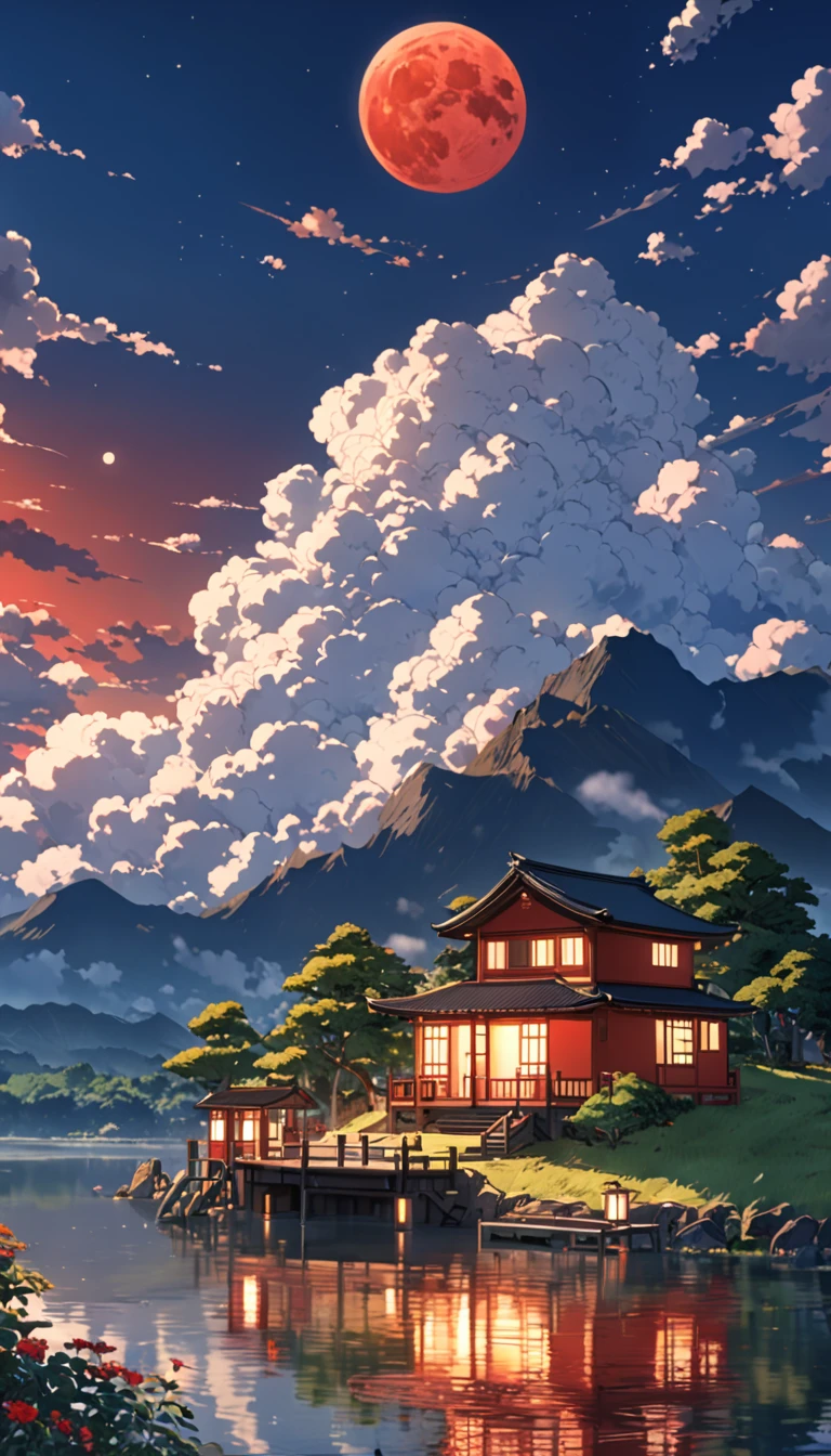 ((anime: 1.4, figure)), (masterpiece, Highest quality, Highest quality), (Very detailed, The absolute solution), ((16K, High resolution)) (anime Style),  (masterpiece, Highest quality, Highest quality), (Very detailed, The absolute solution), Cumulonimbus、House by the lake、Red Moon、Lantern