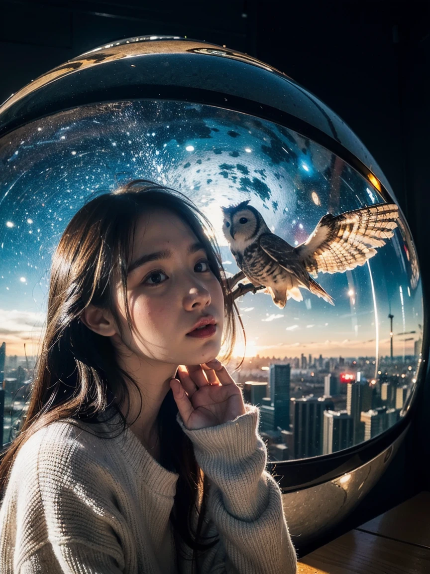 ((Top Quality)), ((Masterpiece)), ((Details)), ((colorful and bright: 1.2)), upper body, ((close-up: 1.2)), More Saturation, strong reflections, bright shade, Place the girl in the foreground at large, ((Surrealism: 1.3)), A majestic owl soaring above a densely packed city skyline at night, with a young girl gazing upward into the vast cosmos. The scene captures the contrast between the infinite universe and the confined, artificial structures of the city. The owl symbolizes wisdom, soaring freely, while the girl represents wonder and curiosity.