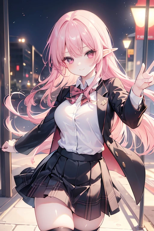 ((masterpiece, best quality, highres, UHD, perfect pixel, depth of field, 4k, RTX, HDR))), 1girl, elf,single, solo, beautiful anime girl, beautiful artstyle, anime character, ((long hair, bangs, pink hair)), (red eyes:1.4, rounded eyes, beautiful eyelashes, realistic eyes), (detailed face, blushing:1.2), (smooth texture:0.75, realistic texture:0.65, photorealistic:1.1, anime CG style), medium breasts, (selfie, dynamic angle, dynamic pose:1.4, pov, close up, looking to viewer), perfect body, (red bowtie, school uniform, black jacket, closed jacket, brown cardigan, white shirt), ((black skirt:1.5, plaid skirt, black stocking)), sly smile, amusement park