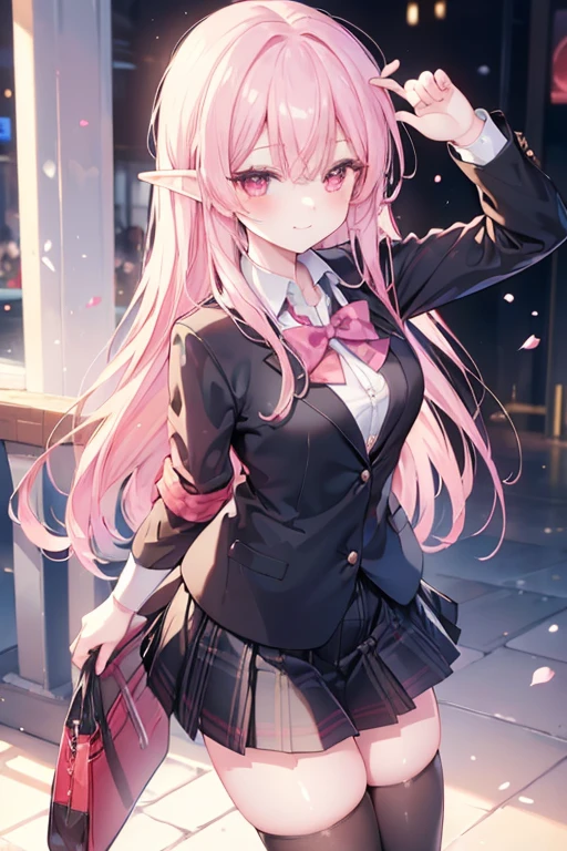 ((masterpiece, best quality, highres, UHD, perfect pixel, depth of field, 4k, RTX, HDR))), 1girl, elf,single, solo, beautiful anime girl, beautiful artstyle, anime character, ((long hair, bangs, pink hair)), (red eyes:1.4, rounded eyes, beautiful eyelashes, realistic eyes), (detailed face, blushing:1.2), (smooth texture:0.75, realistic texture:0.65, photorealistic:1.1, anime CG style), medium breasts, (selfie, dynamic angle, dynamic pose:1.4, pov, close up, looking to viewer), perfect body, (red bowtie, school uniform, black jacket, closed jacket, brown cardigan, white shirt), ((black skirt:1.5, plaid skirt, black stocking)), sly smile, amusement park
