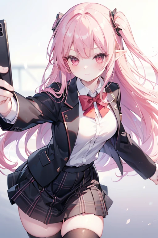 ((masterpiece, best quality, highres, UHD, perfect pixel, depth of field, 4k, RTX, HDR))), 1girl, elf,single, solo, beautiful anime girl, beautiful artstyle, anime character, ((long hair, bangs, pink hair)), (red eyes:1.4, rounded eyes, beautiful eyelashes, realistic eyes), (detailed face, blushing:1.2), (smooth texture:0.75, realistic texture:0.65, photorealistic:1.1, anime CG style), medium breasts, (selfie, dynamic angle, dynamic pose:1.4, pov, close up, looking to viewer), perfect body, (red bowtie, school uniform, black jacket, closed jacket, brown cardigan, white shirt), ((black skirt:1.5, plaid skirt, black stocking)), sly smile, amusement park