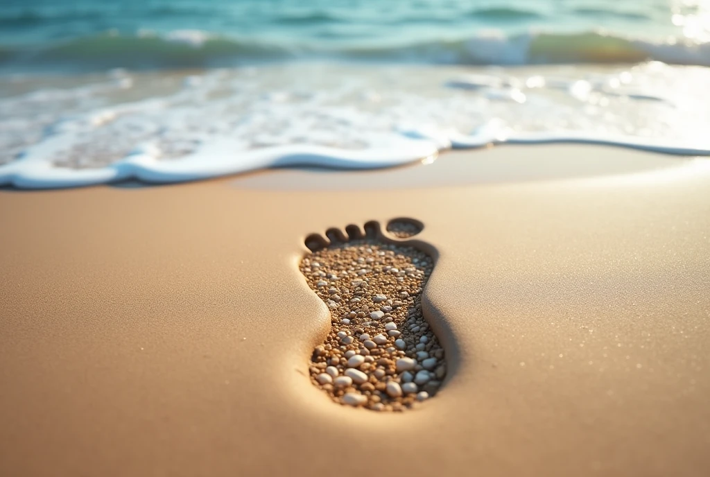 High Resolution, Masterpiece, Accurate, Best Quality, Detail, HD, High Details, High Quality, Realistic photo. The image shows a sandy beach with small waves crashing onto the shore. The waves are white and foamy, and the sand is a light brown color. In the center of the image, there is a small footprint in the sand. The footprint appears to be made of small rocks or pebbles. The image is taken from a low angle, looking down on the beach.