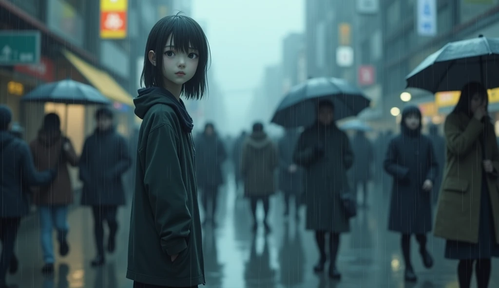 ，1 girl standing in the rain，The tone is gloomy，Cool colors，Pedestrians passing by the girl，The girl turned sideways，Shinkai Makoto style，Japanese anime style