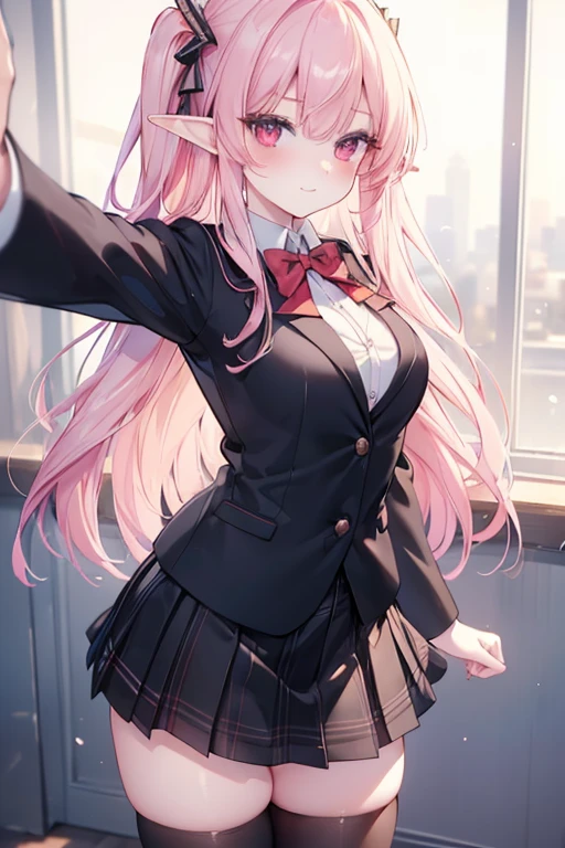 ((masterpiece, best quality, highres, UHD, perfect pixel, depth of field, 4k, RTX, HDR))), 1girl, elf,single, solo, beautiful anime girl, beautiful artstyle, anime character, ((long hair, bangs, pink hair)), (red eyes:1.4, rounded eyes, beautiful eyelashes, realistic eyes), (detailed face, blushing:1.2), (smooth texture:0.75, realistic texture:0.65, photorealistic:1.1, anime CG style), medium breasts, (selfie, dynamic angle, dynamic pose:1.4, pov, close up, looking to viewer), perfect body, (red bowtie, school uniform, black jacket, closed jacket, brown cardigan, white shirt), ((black skirt:1.5, plaid skirt, black stocking)), sly smile, amusement park