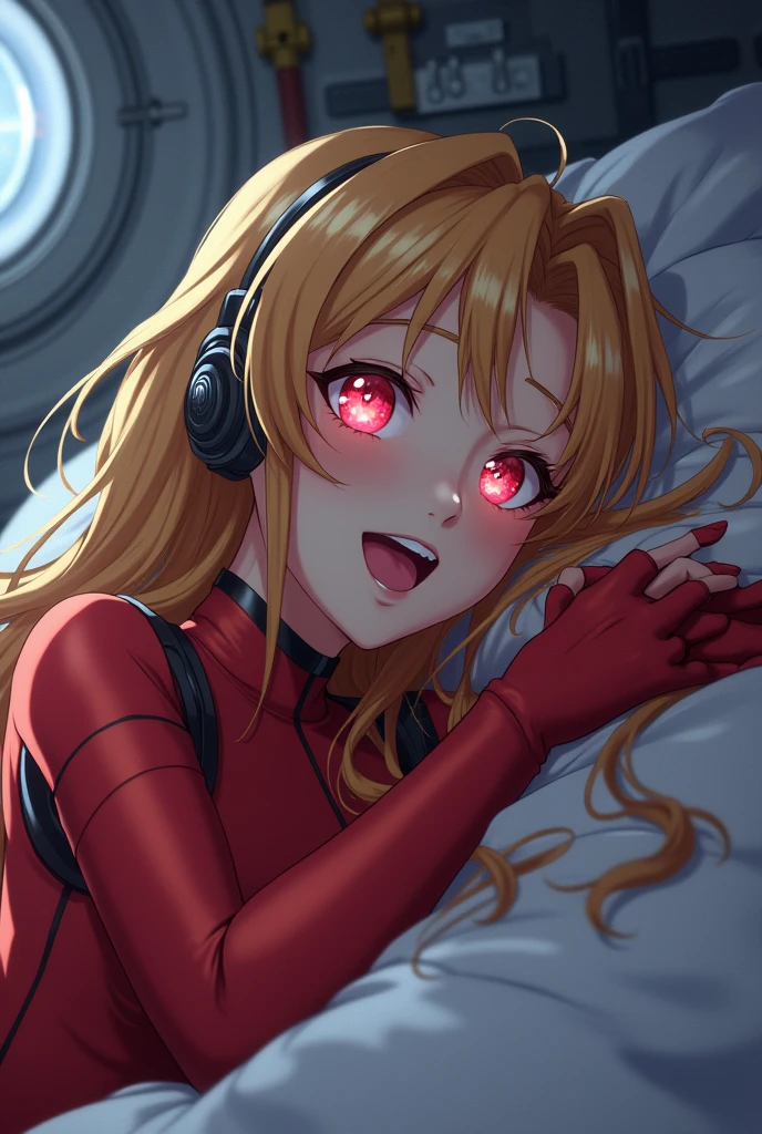 (lying on her back grabbing her boobs:1.5) , loving look in eyes , cum on face ,lying on bed , ahegao , fingering(Overhead view),ultra-detailed, illustration, close-up, straight on, 1girl, ((souryuu asuka langley, interface headset, red bodysuit:1.4, blonde)),Her eyes shone like dreamy stars,(glowing eyes:1.233),(beautiful and detailed eyes:1.1),(expressionless,closed mouth),(standing), (mechanic room with toolsand spaceship windowin a white SPACESHIP), (night:1.2),dreamy, [[delicate fingers and hands:0.55]::0.85],(detail fingers),bukkake, ahegao, rolling eyes, cross-eyed, open mouth, tongue out, naughty face,, saliva on mouth, a lot of cum