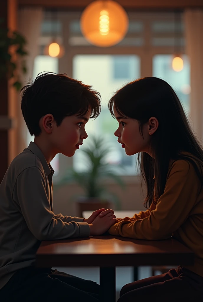 A quiet, intimate corner of the event or a nearby café. The boy and girl sitting across from each other, their expressions shifting from surprise to emotional clarity. Flashbacks of their shared past play out as they talk.