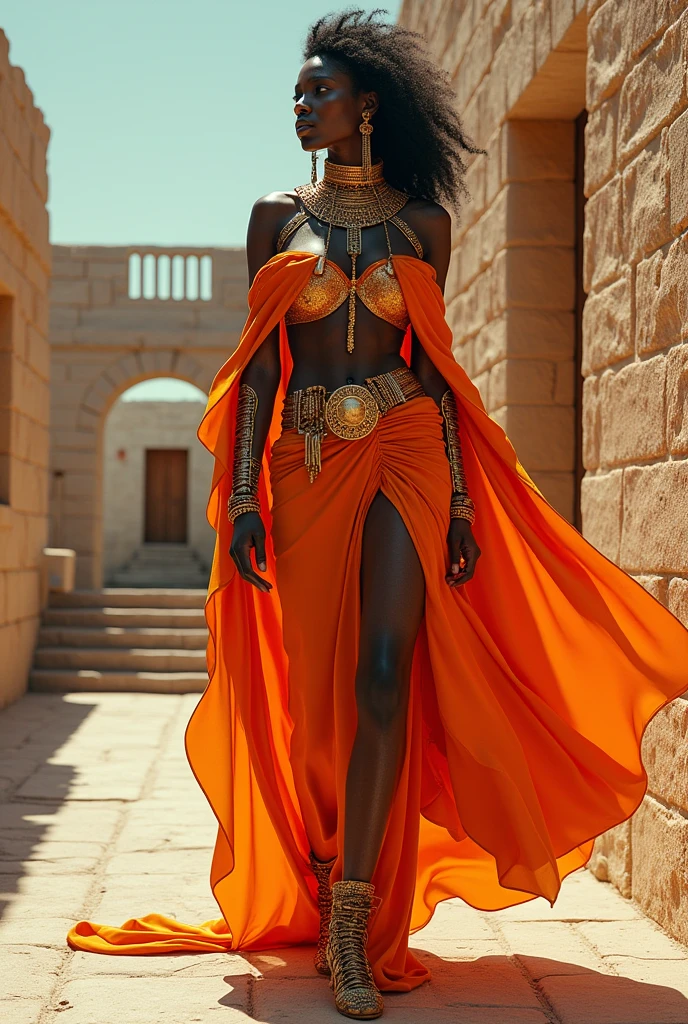 I want a full body image of a creative look, bold, moderno, flashy, dramatic inspired by ancient Cretan fashion to be worn in the near future yet classic