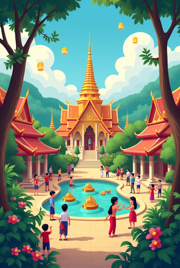 Draw cartoons about Thai culture, such as paying respect, Loi Krathong, Songkran, releasing floating lanterns, Buddha images, Thai temples, Thai food, Thai boxing, and Thai games. Combine them into one picture.