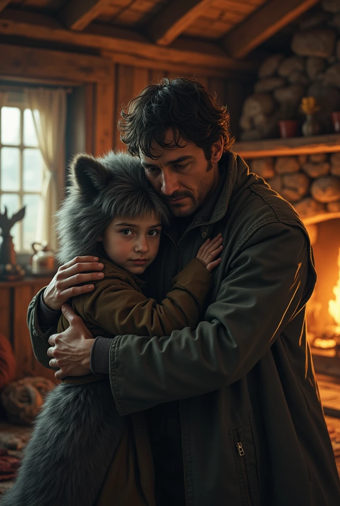 Man hugging a werewolf child boy in a cottage in 90's dark fantasy film style