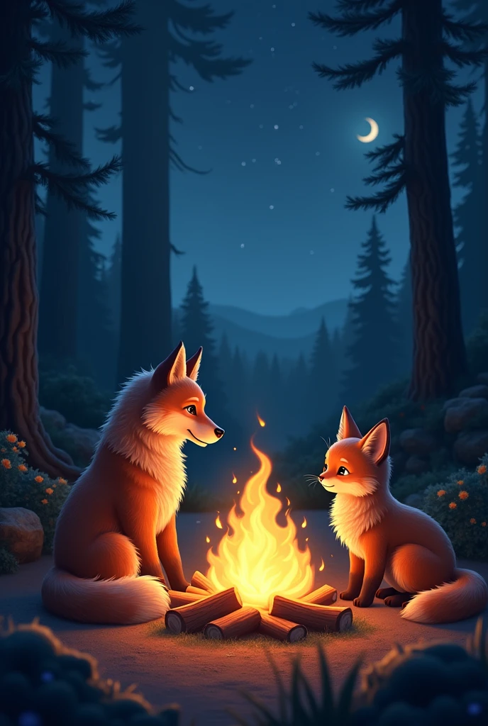masterpiece、 Highest quality, Highly detailed、8k、 High resolution,  Around the bonfire、dog、Cat、fox、