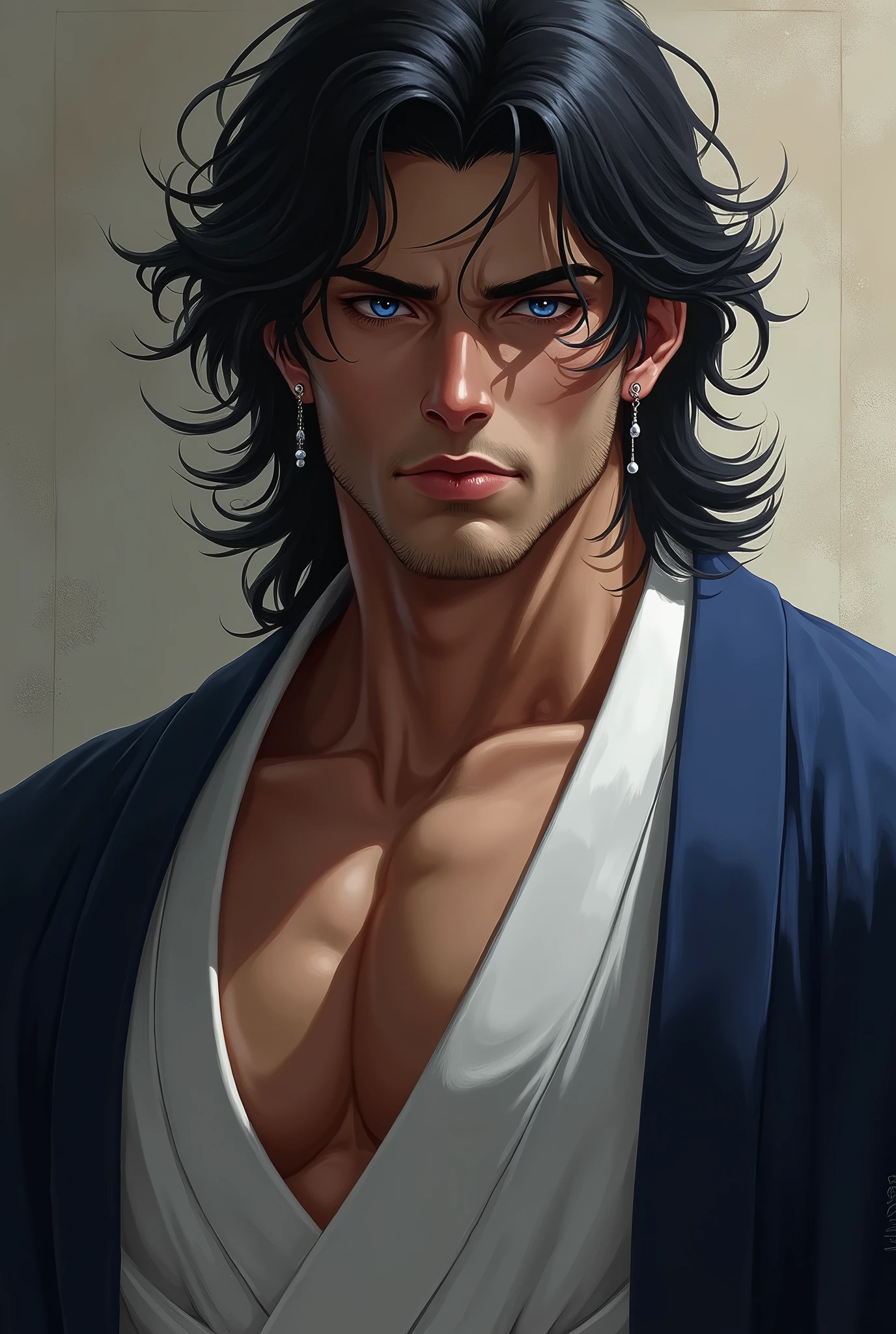 A man,muscular,lick lip,blue eyes, black hair,wearing yukata and have left earring..