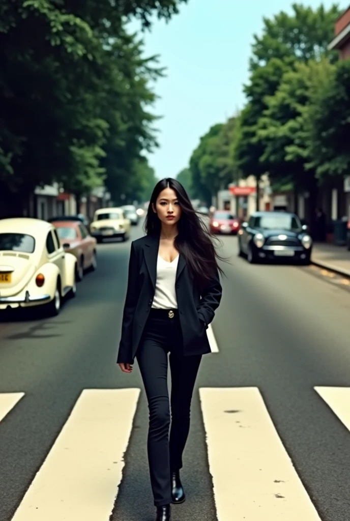 high quality, 8K Ultra HD, an image that resembles the iconic album cover of the beatles "abbey road", an asian woman with long black hair, wearing a black jacket, white shirt, black pants, black shoes, walking across the zebra crossing in abbey from left to right with her head turned towards the cameraman, there is a classic white Volkswagen Beetle parked on the road on the left and further down the road on the right side there are more cars and trees lining the road. This image is very famous and often imitated in popular culture,
