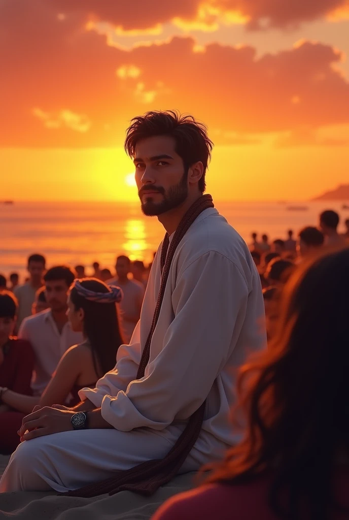 A young man wearing a white veysti shirt with dark hair and beard sitting in the crowd of people background beach sunset orange background