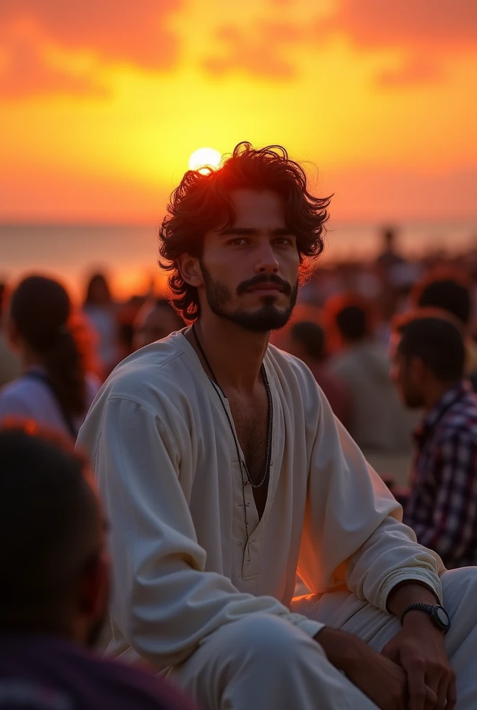 A young man wearing a white veysti shirt with dark hair and beard sitting in the crowd of people background beach sunset orange background