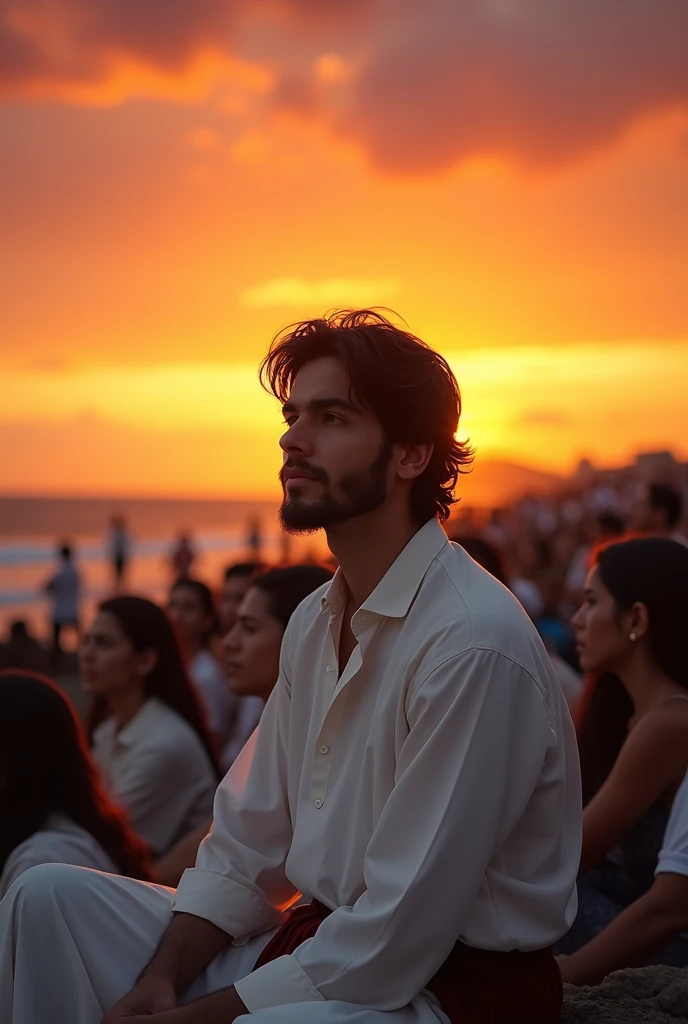 A young man wearing a white veysti shirt with dark hair and beard sitting in the crowd of people background beach sunset orange background 