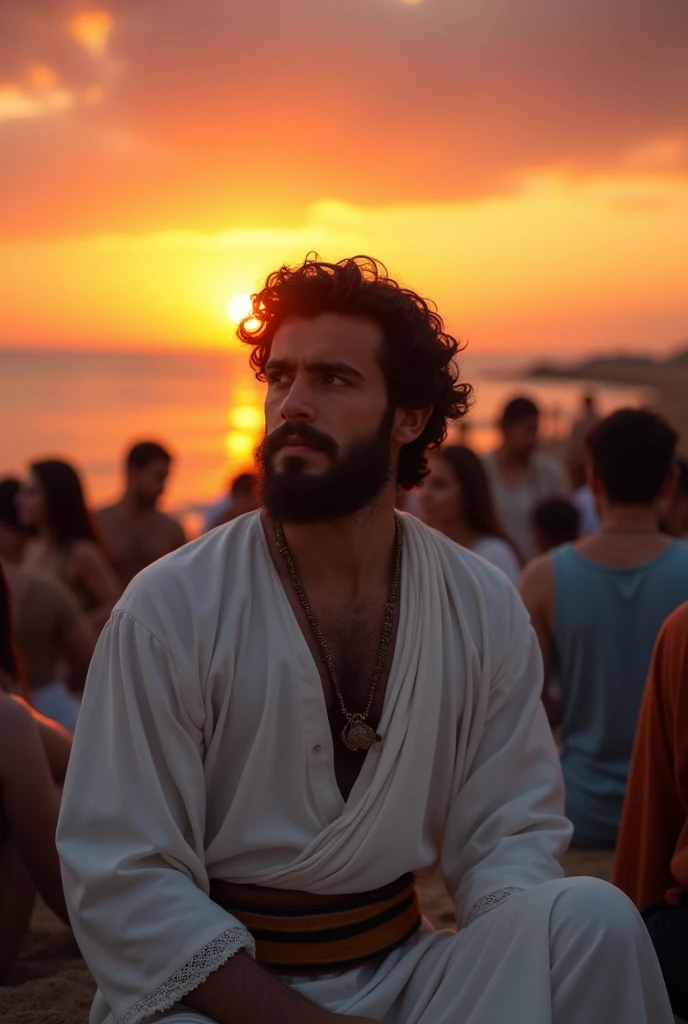 A young man wearing a white veysti shirt with dark hair and beard sitting in the crowd of people background beach sunset orange background