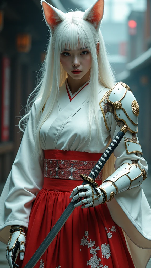 A young woman with long, flowing white hair, and fox ears stands in a powerful pose, wielding a gleaming katana. She wears a traditional Japanese kimono with a red skirt adorned with white floral patterns, blending seamlessly with advanced, white and gold mechanical armor on one arm and hand. Her gaze is sharp and determined, conveying a sense of strength and resilience. The background is blurred, hinting at an urban setting with traditional Japanese architecture.high quality, (RAW photo, best quality), (realistic, photorealistic: 1.4), (extremely delicate and beautiful: 1.4), amazing, fine details, masterpiece, ultra detailed, high resolution, best illustration, best shadow, intricate, ( extremely intricate: 1.2), (exquisitely detailed skin), cinematic light, perfect anatomy, (cool color: 1.4), sharp focus, 8k UHD, DSLR, (Fujifilm XT3),(estilo cinematográfico :1.4), (efectos cinematográfico :1.4), (colores cinematográfico), Epic Fantasy Art Style HD, 4K fantasy art, epic fantasy digital art style, epic fantasy art style, Fantasy Woman, epic fantasy art portrait, Epic fantasy style, hyperrealistic fantasy art, hd fantasy art, Epic fantasy character art, epic fantasy art, in style of dark fantasy art, epic fantasy digital art