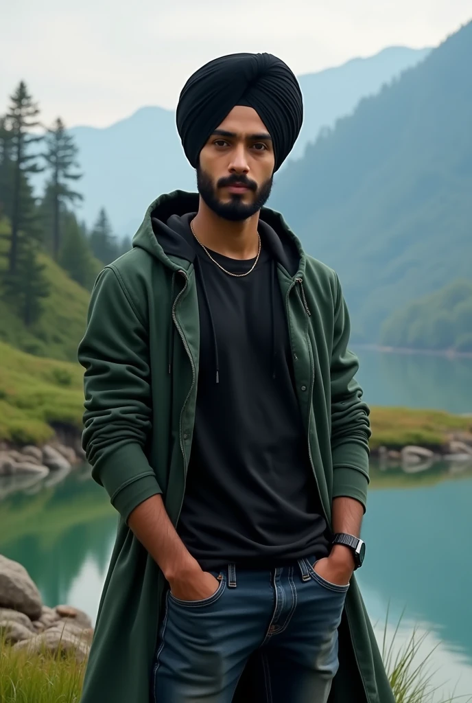 A19 beautiful punjabi old  boy ,, turban  black woman, on shuese blackk , jins pants, long  jins hoodie green ,,is whrite name poorav rai looking for locked p ,,  background, pahadi wattar 