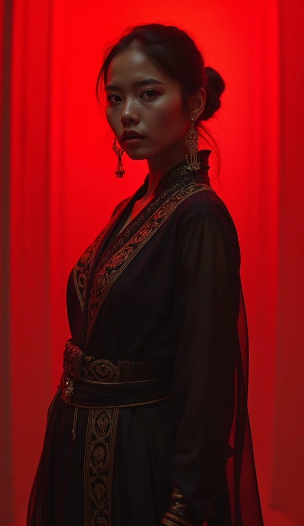 INDONESIAN WOMAN, wearing full clothes, smiling but as if hiding something, a unique confusing atmosphere, the background is a panorama with a red