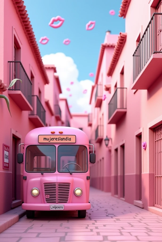 One pink bus parked in front of a pink public bus in a pink spanish small town with pink buildings, there's a sign in the wall of the bus with the word "Mujereslandia" and signs of a 💋 on every wall.