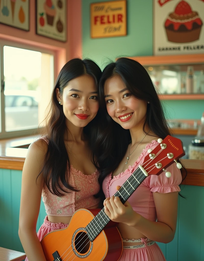 Portrait of a 2 Thai woman holding a ukulele looking at the camera. Long hair. Retro ice cream shop with pastel colored walls, classic soda shop counter and vintage ice cream posters. Sunlight shines through. Analog film photo. Kodachrome camera.