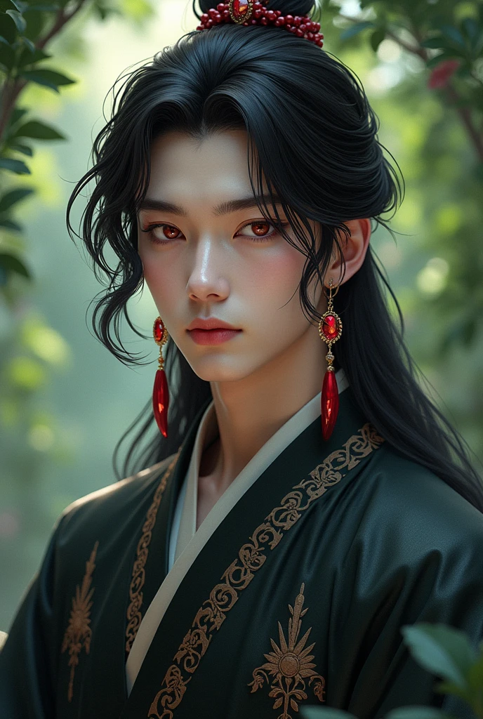 Make a handsome guy that have long black jet hair and red ruby beautiful eyes and have ared long earings. Give him a half body with a clothed from murim and have a garden background and give him a milky skin
