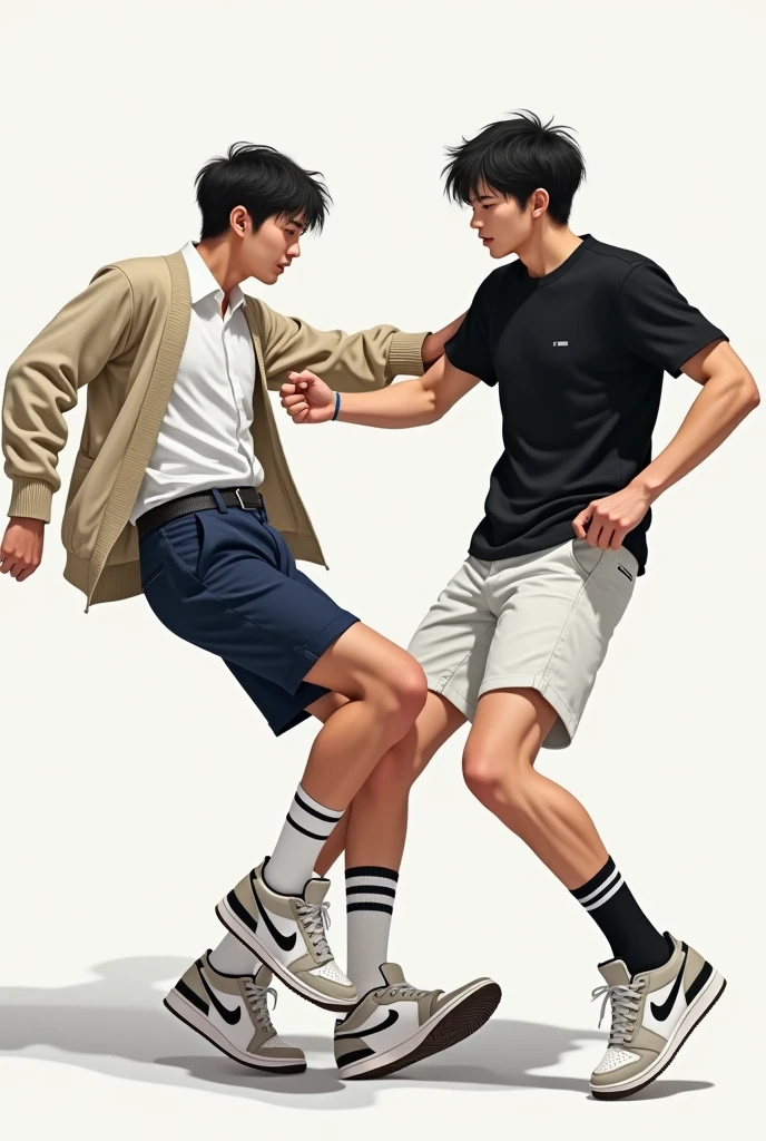 2 handsome asian male teenagers with tall and slim bodies. 1st wears a white shirt, beige cardigan, navy blue shorts, long white socks with 2 black stripes and air jordans. 2nd wears a black t shirt, white shorts, long black socks with 2 white stripes on it, and air jordans. They are stomping on someone