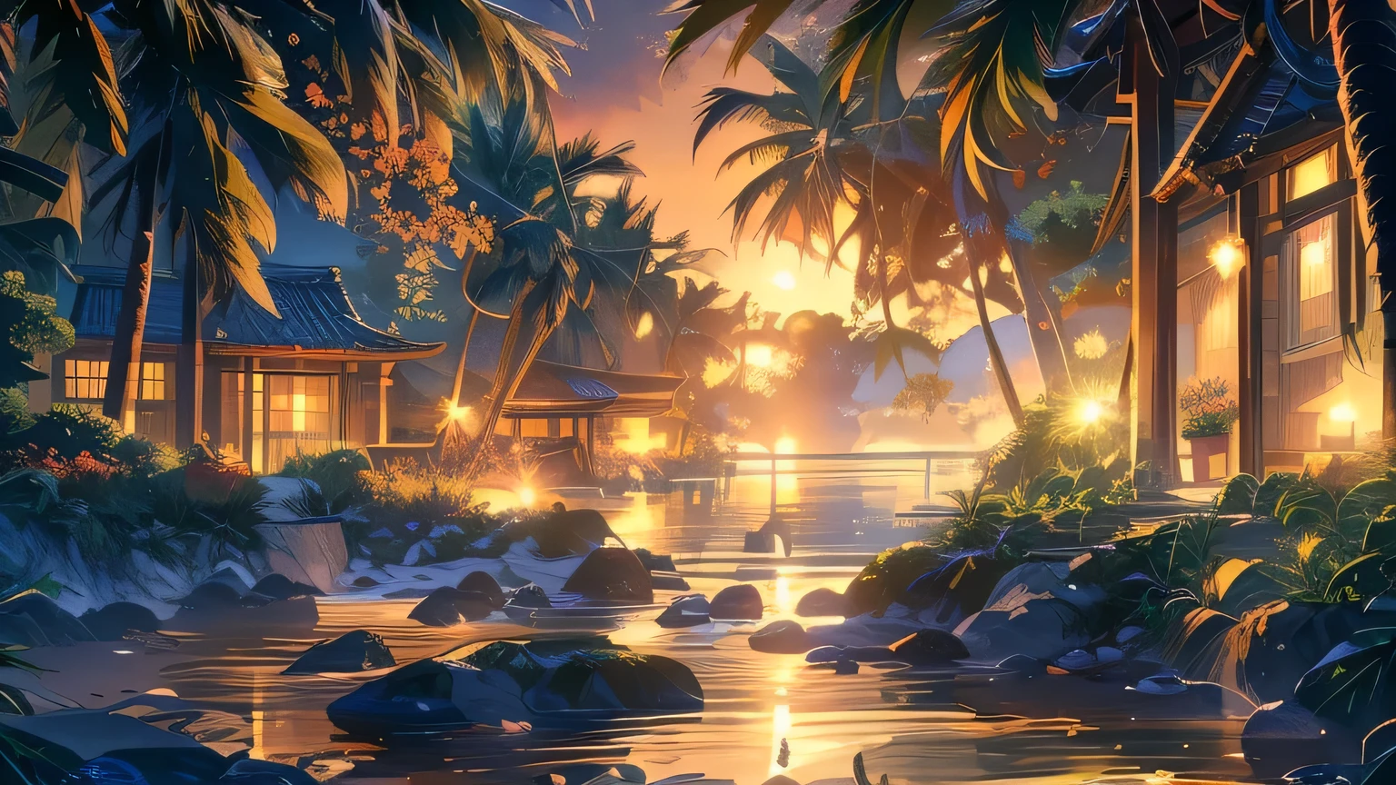 Cozy Coastal Cove: A secluded beach at sunset, with warm golden light casting a serene glow. Gentle waves caress the shore, as a few seagulls soar overhead. A comfortable hammock sways between palm trees, surrounded by lush greenery and vibrant beach flowers. The air is filled with the sweet scent of saltwater and the soothing sound of waves, creating a sense of tranquility and relaxation.highly detailed