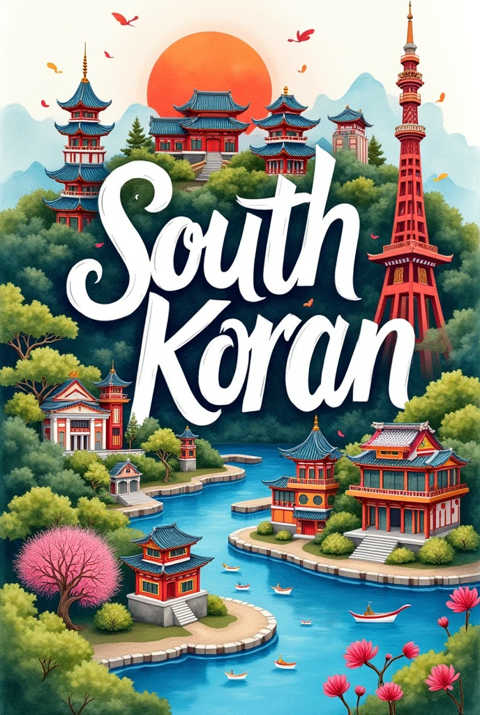 A vibrant watercolor illustration painting of handwritten typography artwork showcasing South Korean culture, featuring names like k-drama, k-food (kimchi, ramen), Namsan Tower, Busan, Seoul, subway, traditional culture (hanbok), Korean fashion, k-beauty, skincare, and playful doodles with South Korean culture and spring trees Han river.