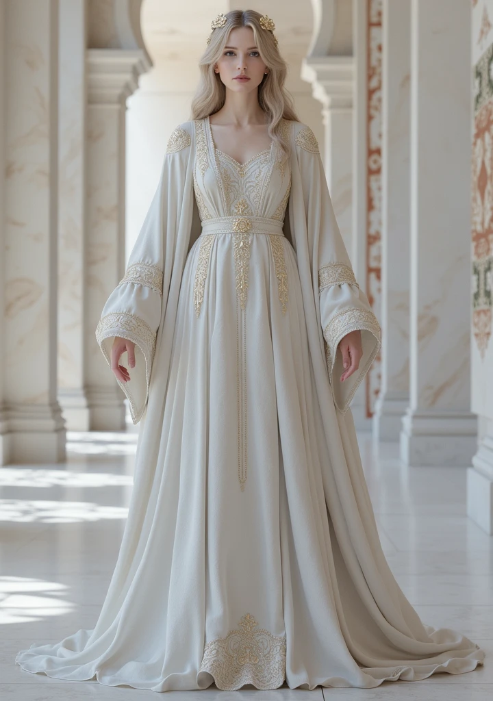 A woman in a dress standing in a building, Persian princess style, Beautiful woman of the Seljuk era, Silk dress, Girl athlete and archer, In elaborate Seljuk dress, Cyrilla, Magic inspired,
