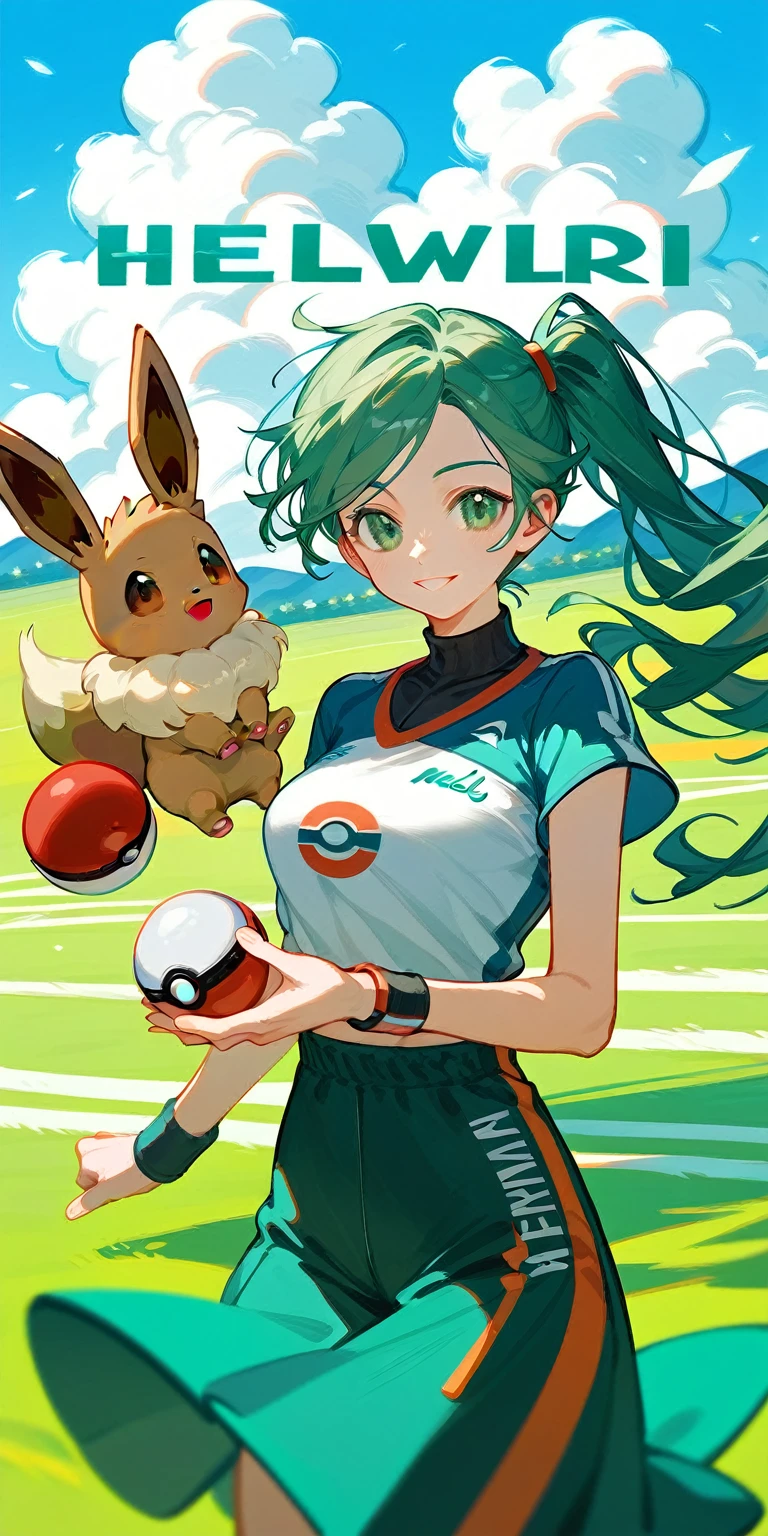 One Girl，Beautiful light and shadow，Brown side ponytail，Green Eyes，Dark green windbreaker，cute，Hello，smile,Eevee doll clothes，Pokemon ball in hand，trainer，blue sky，White cloud，Run，Distant Mountain々，hunting