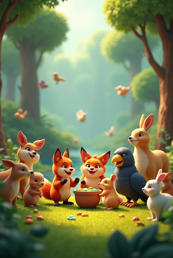 In cenematic 3d cartoon style "A joyful scene in the forest with animals gathered around the fox, parrot, and crow. The fox, parrot, and crow are at the center of the celebration, with water containers nearby. Animals like deer, rabbits, and birds are cheerfully interacting, expressing gratitude and joy."