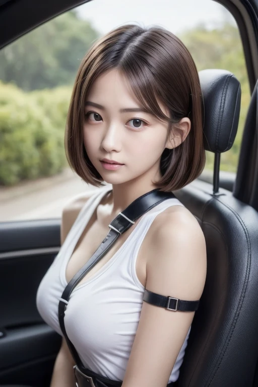 (((Fasten your seatbelt)))、((Angle from the front))、(sitting in the passenger seat of a car)、(((One seatbelt should go diagonally across your shoulder and chest.)))、(((The seat belt digs into her cleavage))).、(Beautiful 20 year old woman)、((Angle from the front))、Bust Shot、Wearing a white shirt、(Medium Short Hair、Highest quality、High resolution、Very detailed、masterpiece、RAW Photos、Realistic、Realistic、Very delicate and beautiful、In detail、