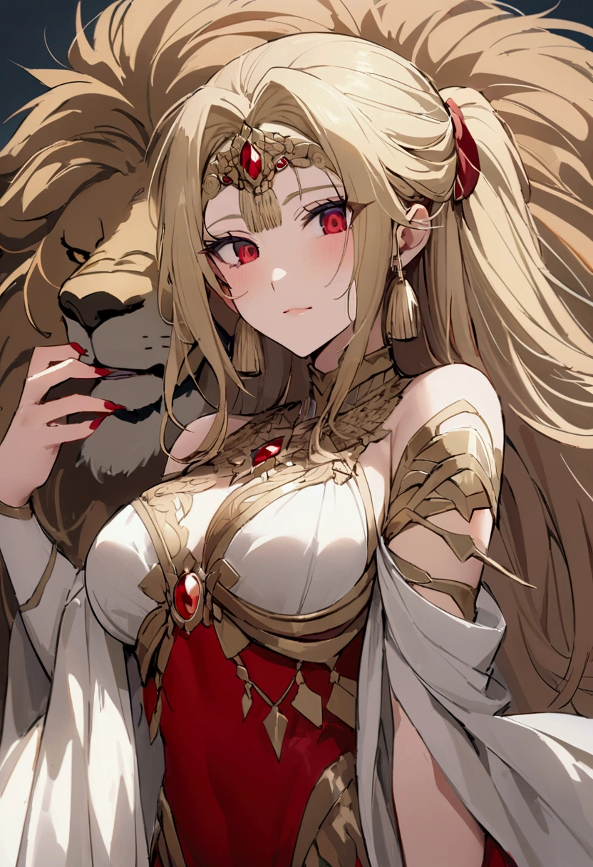 (Huang Li、high quality、Extremely detailed),Constellation - Goddess Leo,Giant lion,Woman petting a lion,Similar to Latin goodness,brave,capricious,Productivity,The face of enterprising and humanitarianism,Blonde Hair,Ancient Greek costumes、Wrap Dress,The background is the ocean,Crystal red eyes(Eyes Details),Powerful appearance